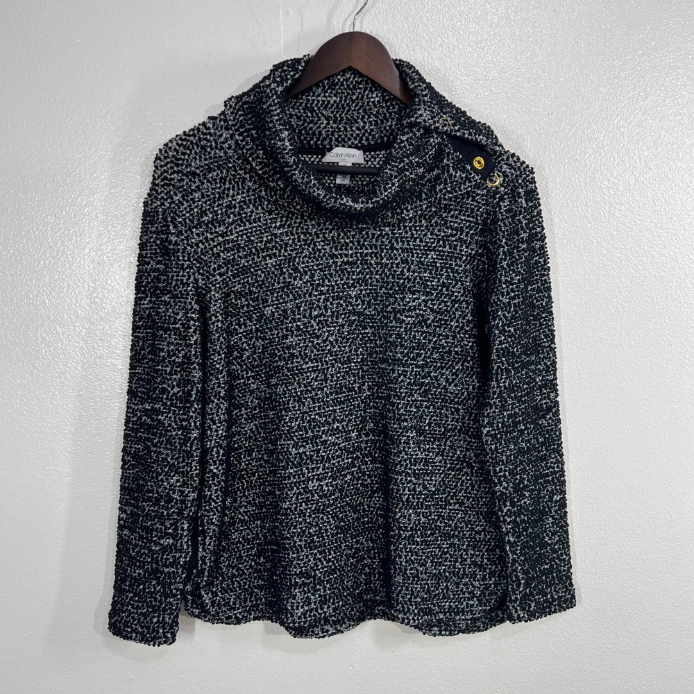 Calvin Klein Cowl Neck Sweater Womens S Black White Snap Shoulder Popcorn Knit